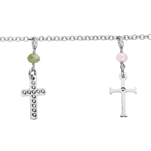 BRACELET ARGENT RHODIÉ AVEC 4 BOULES VERRE FACETÉ ET PAMPILLES CROIX  16+3CM