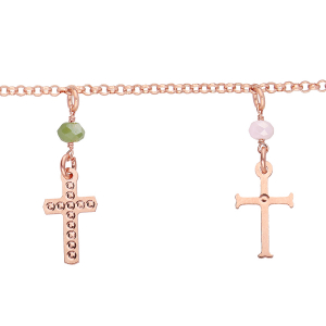 BRACELET ARGENT ET DORURE ROSE AVEC 4 BOULES VERRE FACETÉ ET PAMPILLES CROIX  16+3CM