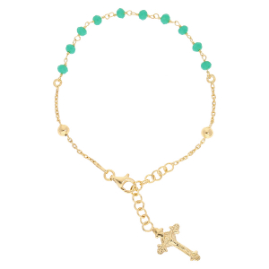 BRACELET ARGENT ET DORURE JAUNE CHAPELET PIERRES FACETES TURQUOISES IMITATION 16,5+2,5CM