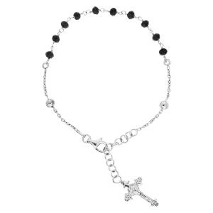 BRACELET ARGENT RHODIÉ CHAPELET PIERRES FACETES NOIRES 16,5+2,5CM