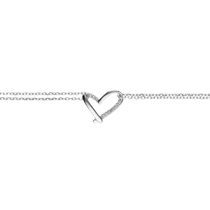 BRACELET ARGENT RHODIÉ DOUBLE CHAINE COEUR OXYDES BLANCS SERTIS 16+3CM