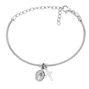 BRACELET ARGENT RHODIÉ SEMI RIGIDE PAMPILLES CROIX ET MIRACULEUSE RÉGLABLE