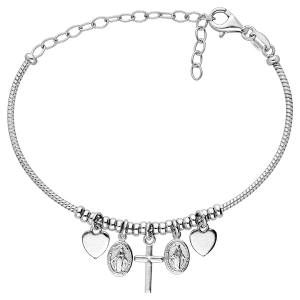 BRACELET ARGENT RHODIÉ SEMI RIGIDE PAMPILLES COEUR CROIX ET MIRACULEUSE RÉGLABLE