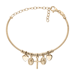 BRACELET ARGENT ET DORURE JAUNE SEMI RIGIDE PAMPILLES COEUR CROIX ET MIRACULEUSE RÉGLABLE