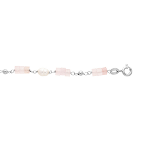 BRACELET ARGENT PLATINÉ RONDELLES QUARTZ ROSE VÉRITABLE ET PERLES DE CULTURE D'EAU DOUCE 16+3CM