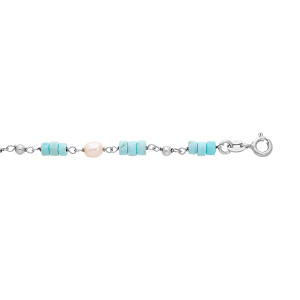 BRACELET ARGENT PLATINÉ RONDELLES TURQUOISE AFRICAINE VÉRITABLE ET PERLES DE CULTURE D'EAU DOUCE 15+3CM