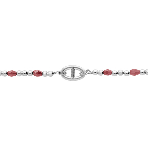 BRACELET ARGENT PLATINÉ MAILLE MARINE ET BOULES QUARTZ IMITATION ROUGE 15+3CM