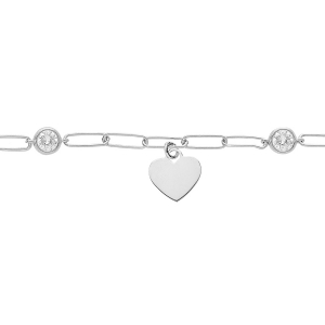 BRACELET ARGENT RHODIÉ MAILLES RECTANGLES PAMPILLE COEUR ET 2 OXYDES BLANCS 16+3CM