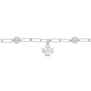 BRACELET ARGENT RHODIÉ MAILLES RECTANGLES PAMPILLE TREFLE ET 2 OXYDES BLANCS 16+3CM