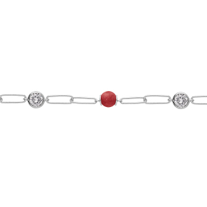 BRACELET ARGENT RHODIÉ MAILLES RECTANGLES BOULES ROUGES ET OXYDES BLANCS 16+3CM