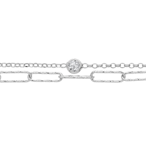 BRACELET ARGENT RHODIÉ MAILLES RECTANGLES ET 2 OXYDES BLANCS 16+3CM