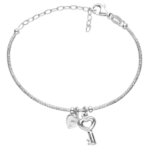 BRACELET ARGENT RHODIÉ SEMI RIGIDE PAMPILLES COEUR ET CLEF RÉGLABLE