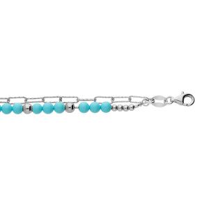 BRACELET ARGENT RHODIÉ DOUBLE CHAINE BOULES BLEUES ET MAILLES RECTANGLES 15+3CM