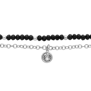 BRACELET ARGENT RHODIÉ DOUBLE RANG PIERRES FACETÉES NOIRS ET PAMPILLE OXYDE BLANC SERTI  15+3CM