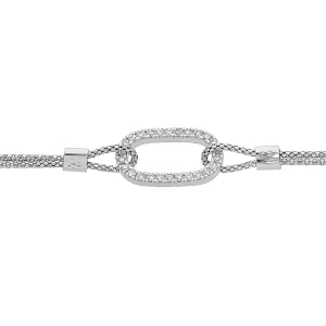 BRACELET ARGENT RHODIÉ DOUBLE CHAINE MOTIF OVALE OXYDES BLANCS SERTIS  15+3CM