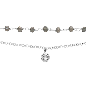 BRACELET ARGENT RHODIÉ DOUBLE RANG PIERRES FACETÉES GRISES ET PAMPILLE OXYDE BLANC SERTI  15+3CM