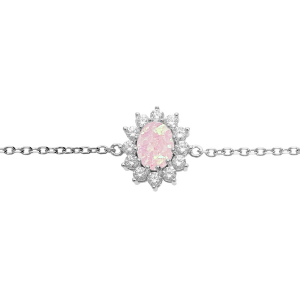BRACELET ARGENT RHODIÉ PENDENTIF OPALE BLANCHE IMITATION ET OXYDES BLANCS SERTIS 16+3CM