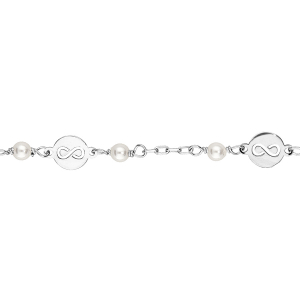 BRACELET ARGENT RHODIÉ MOTIF INFINI PERLES BLANCHES VERRE SWAROVSKI 15+3CM