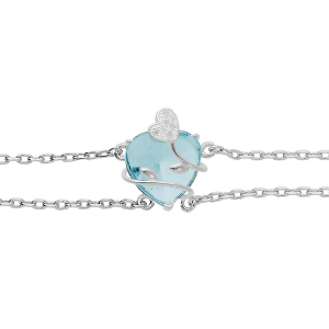 BRACELET ARGENT PLATINÉ COEUR OXYDE BLEU CIEL AVEC VOLUTE 15+3CM