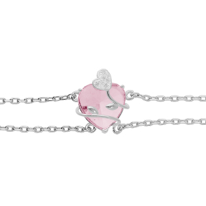 BRACELET ARGENT PLATINÉ COEUR OXYDE ROSE AVEC VOLUTE 15+3CM