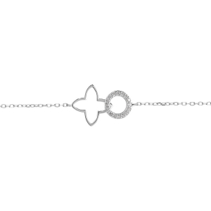 BRACELET ARGENT RHODIÉ FLEUR DECOUPÉE LISSE ET CERCLE OXYDES BLANCS SERTIS 16+2CM