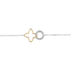 BRACELET ARGENT RHODIÉ ET DORÉ FLEUR DECOUPÉE LISSE ET CERCLE OXYDES BLANCS SERTIS 16+2CM