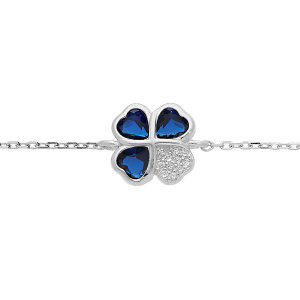 BRACELET ARGENT RHODIÉ TREFLE ET COEUR OXYDES BLEUS 10MM 16+1+1CM
