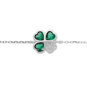 BRACELET ARGENT RHODIÉ TREFLE ET COEUR OXYDES VERTS 10MM 16+1+1CM