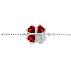 BRACELET ARGENT RHODIÉ TREFLE ET COEUR OXYDES ROUGES 10MM 16+1+1CM
