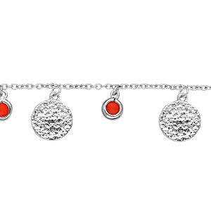 BRACELET ARGENT RHODIÉ PAMPILLES PIERRES SYNTHETIQUE COULEUR CORAIL AVEC PASTILLES ANTIQUES 16+2CM