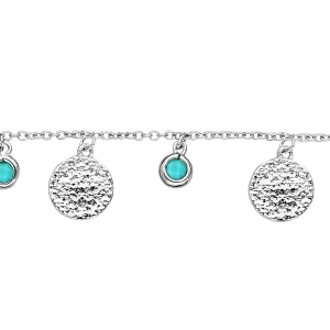 BRACELET ARGENT RHODIÉ PAMPILLES PIERRES SYNTHETIQUE COULEUR TURQUOISE AVEC PASTILLES ANTIQUES 16+2CM