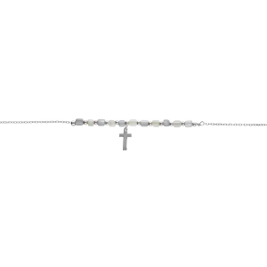 BRACELET ARGENT RHODIÉ PAMPILLE CROIX AVEC PERLES NACRE VÉRITABLE BLANCHE ET TEINTÉE BLEU 16+3CM