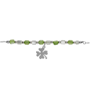 BRACELET ARGENT RHODIÉ PAMPILLE TREFLE ET PERLES NACRE VÉRITABLE BLANCHE ET TEINTÉE VERTE  16+3CM