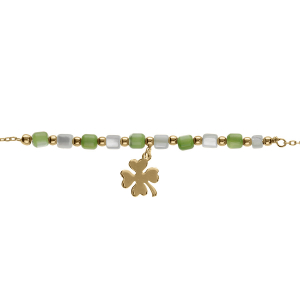 BRACELET ARGENT DORÉ PAMPILLE TREFLE ET PERLES NACRE VÉRITABLE BLANCHE ET TEINTÉE VERTE  16+3CM