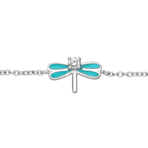 BRACELET ARGENT RHODIÉ LIBELLULE AVEC EMAIL COULEUR TURQUOISE ET OXYDES BLANCS SERTIS 13+4CM