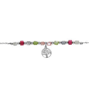 BRACELET ARGENT RHODIÉ PAMPILLE ARBRE DE VIE ET PERLES NACRE VÉRITABLE TEINTÉE 16+3CM