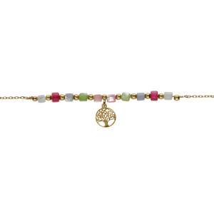 BRACELET ARGENT DORÉ PAMPILLE ARBRE DE VIE ET PERLES NACRE VÉRITABLE TEINTÉE 16+3CM