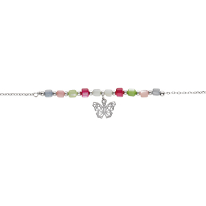 BRACELET ARGENT RHODIÉ PAMPILLE PAPILLON ET PERLES NACRE VÉRITABLE TEINTÉE 16+3CM