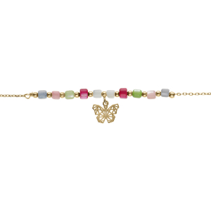 BRACELET ARGENT DORÉ PAMPILLE PAPILLON ET PERLES NACRE VÉRITABLE TEINTÉE 16+3CM
