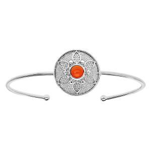 BRACELET ARGENT RHODIÉ JONC FORME RONDE MOTIF FLEUR PIERRE SYNTHETIQUE COULEUR CORAIL