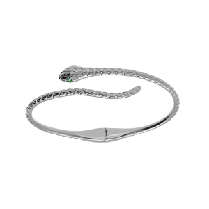 BRACELET ARGENT RHODIÉ MASSIF SERPENT ARTICULÉ OXYDES BLANCS ET YEUX OXYDES VERTS 60MM