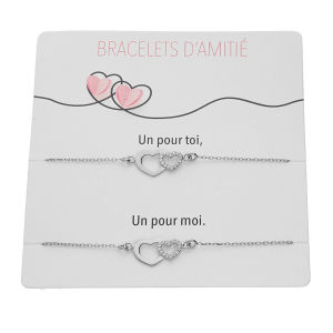 PLAQUETTE DE 2 BRACELETS D' AMITIÉ ARGENT RHODIÉ DOUBLE COEURS ET OXYDES BLANCS SERTIS 15+3CM