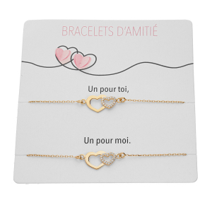 PLAQUETTE DE 2 BRACELETS D' AMITIÉ ARGENT ET DORURE JAUNE DOUBLE COEURS ET OXYDES BLANCS SERTIS 15+3CM