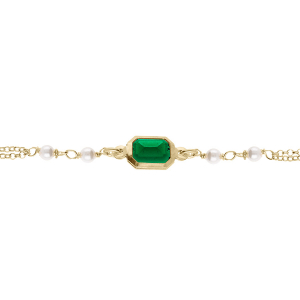 BRACELET ARGENT DORÉ 1 OXYDE VERT RECTANGULAIRE ET PERLES BLANCHES IMITATION  16+3CM