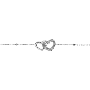 BRACELET ARGENT RHODIÉ CHAINE BOULES 2 COEURS ENTRELACÉS 1 LISSE ET 1 PERLÉ   16+3CM