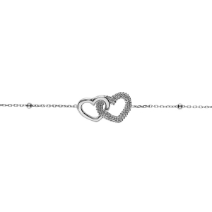 BRACELET ARGENT RHODIÉ CHAINE BOULES 2 COEURS ENTRELACÉS 1 LISSE ET 1 PERLÉ   16+3CM