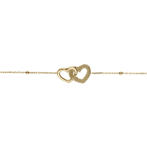 BRACELET ARGENT DORÉ CHAINE BOULES 2 COEURS ENTRELACÉS 1 LISSE ET 1 PERLÉ 19+3CM
