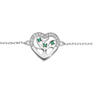 BRACELET ARGENT RHODIÉ MASSIF COEUR CONTOUR OXYDES BLANCS AVEC ARBRE DE VIE PIERRES SYNTHETIQUE VERTES 16+3CM