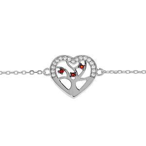 BRACELET ARGENT RHODIÉ MASSIF COEUR CONTOUR OXYDES BLANCS AVEC ARBRE DE VIE PIERRES SYNTHETIQUE ROUGES  16+3CM