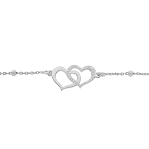 BRACELET ARGENT RHODIÉ DOUBLE COEUR GRANITÉ CHAINE AVEC BOULES  15+3CM